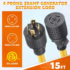 Tellegloww 15 ft 20 Amp Generator Extension Cord Compatible with NEMA L14-20P Male Plug to L14-20R Female Receptacle 4 Prong Twist Locking Generator Power Cord, STW 4x12 Gauge, 250 Volt 5000 Watts