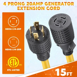 Tellegloww 15 ft 20 Amp Generator Extension Cord Compatible with NEMA L14-20P Male Plug to L14-20R Female Receptacle 4 Prong Twist Locking Generator Power Cord, STW 4x12 Gauge, 250 Volt 5000 Watts