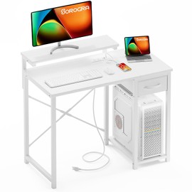 SOROGRA Computer Desk with Adjustable Monitor Stand, 39.4 in Small Desk with Reversible Storage Shelves, Office Desk with Spacious Desktop Spaces for Home Bedroom Workstation, White