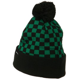 Checkered Long Cuff Pom Pom Beanie - Purple OSFM