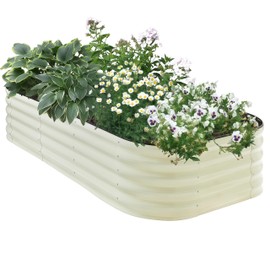 HEAHOLD 17" Tall White Galvanized Steel Raised Garden Bed 8x2ft Oval Metal Planter Box Outdoor Gardening, Durable Raised Flower Beds with Rubber Edging, Large Modular Garden Beds Outdoor Planters