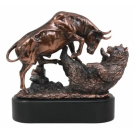 Wall Street Stock Market Charging Bull Trouncing Bear Statue With Pedestal Base