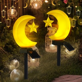 2 Pack Solar Eid Mubarak Lights Decorations Outdoor Ramadan Lights Moon Star Stakes Solar Light Eid Mubarak Decorations Ramadan Lantern Waterproof for Pathway Garden Patio Lawn Yard Walkway Decor