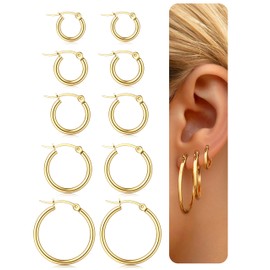 LOLIAS 5 Pairs of Hoop Earrings 925 Silver / Gold Hypoallergenic Lightweight Small Medium Large Stacking Earrings for Multiple Piercings 10/14/20/30/40 mm