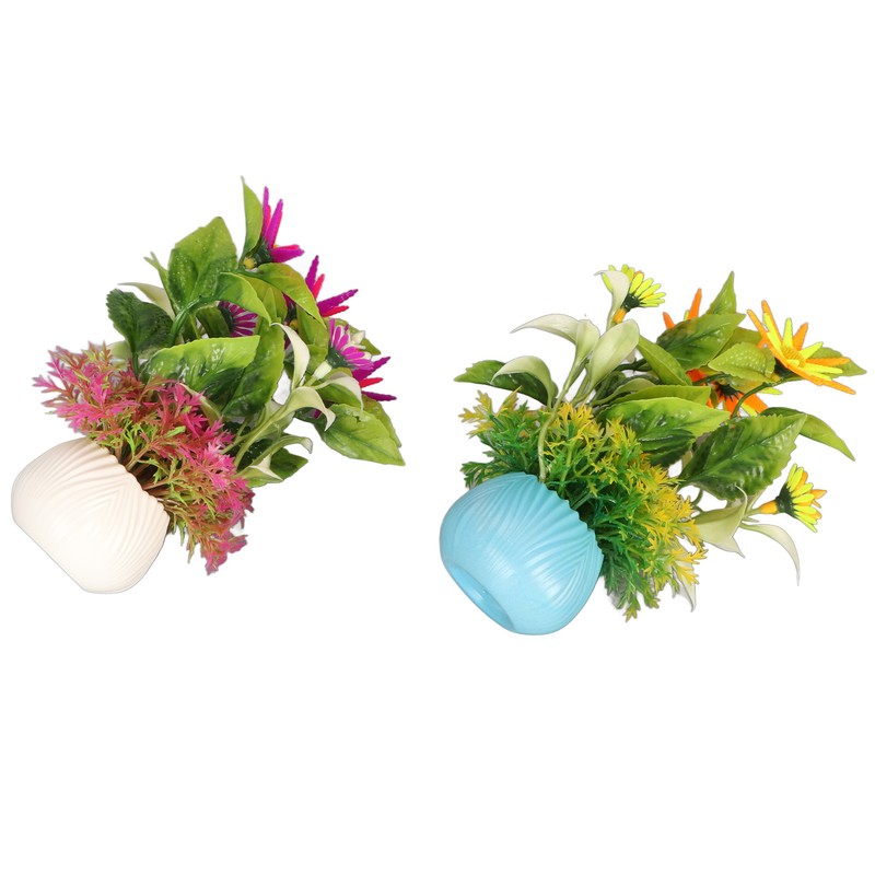 2pcs Artificial Aquarium Plants Silicone Flowers Reusable Resin Pots Fish