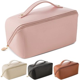 Bolsa De Cosméticos De Viaje De Gran Capacidad, Bolsa De Cosméticos Portátil De Cuero Resistente Al Agua, Bolsa De Cosméticos Multifuncional Para Mujer Con Asas Y Compartimentos (PU Rosa)