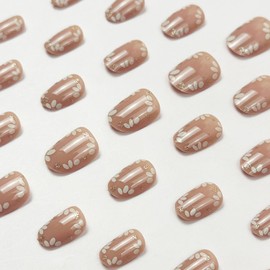 24Pcs Short French False Nail Almond Press on Nails with Floral Design French Tip False Nails Press On Nail Cute Flower Full Cover Fake Nails Tips Spring Summer Nails, for Women Finger Manicure