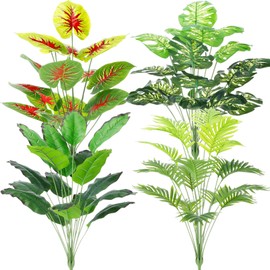 Yunlly 4 Pcs Fake Plants Artificial Plants Indoor Tall Faux Plants for Home Decor 32 Inch Tropical Artificial Palm Tree, Banana Leaves Tree, Monstera Plant, Taro Leaves for Office Outdoor(Vibrant)
