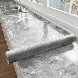 Thick Glossy Grey Silver Marble Peel and Stick Kitchen Sticker for Countertop and Cabinet Waterproof Removable Marble Contact Wallpaper with Air Guide Slot Self-Adhesive Furniture Sticker 23.6"x118"