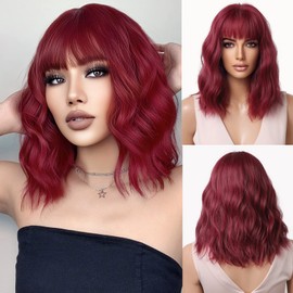 Esmee Short Wave Red Bob Wigs With Fringe Shoulder Length Burgundy Wig Curly Wavy Synthetic Cosplay Wigs for Women 14 Inches