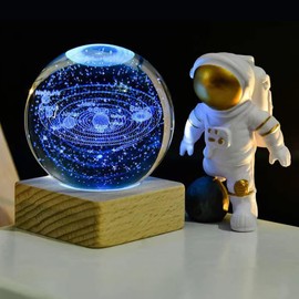 3D Crystal Ball Night Light, USB 3D Solar System Planets Crystal Ball Night Light Creative Night Scene Astronomy LED Ball Lamp, with Wooden Base, 3D Solar System Crystal Ball, Valentine's Day Gifts