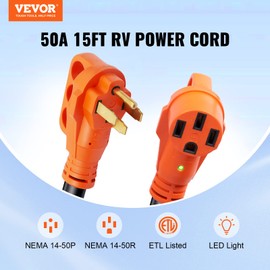 VEVOR 50 Amp RV Extension Cord, 15 ft, Heavy Duty STW 6/3+8/1 AWG RV Power Cord, NEMA 14-50R Female NEMA 14-50P Male Plug, for RVs, Generators, Campers, ETL Listed