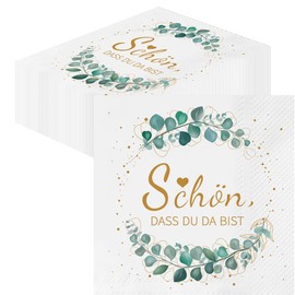 Glamifyr Pack of 30 Serviettes Schön Dass Du Da Bist,Schön Das Du Da Bist Napkins Table Decoration Wedding Napkins Eucalyptus Wedding Napkins Eucalyptus Napkins Birthday Napkins Sage 33 x 33 cm