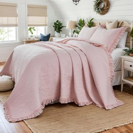 Brandream Light Pink Quilt Set Queen Size Cotton Botanical Matelasse Bedding Lightweight Floral Bedspread Ruffled Quilt Set 3-Piece
