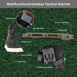 HX Outdoors Multifunctional Splitting Axe, Full Tang Survival Camping Tactical Wood Hatchet，Camp Bushcraft Hand Axes with Hammer and Nail Puller (Army Green)