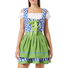atixo Dirndline Damen Traditionelles Minidirndl Kleid f?r besondere Anl?sse, blau/gr?n/wei?, 2XL