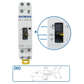 Baomain 220V AC 2-Pole Contactor, 16A 2NO Normally Open, DIN Rail Mount - Manual & Automatic Switchable for HVAC, Motor, Pump, Lighting HC1-16M/20-220VAC