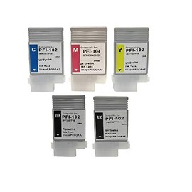 Vivid Colors Replacement Ink Cartridge PFI-102 PFI-104 Ink Tank for Canon iPF650 iPF655 iPF750 iPF750MFP iPF760 iPF765 Complete Set of 5, Matte Black/Black/Cyan/Magenta/Yellow Ink Tank