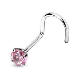 PiercedOff 316L Surgical Steel Nose Screw with Pink CZ Gem - Thickness 18GA (1mm) / Length 6mm / Gem Size 3mm