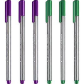 STAEDTLER 334 Triplus Fineliner Superfine Point Pens - 0.3mm - Violet & Green Ink - Pack of 6