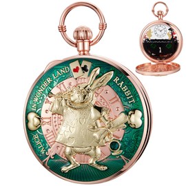 Tiong Alice Pocket Watch Music Box Hand Crank Playing Music Watch with Chain for Girls Unique Quartz Pocket Watches