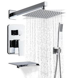 RTTWYYUU Chrome Shower Faucet Set with Tub Spout 10 Inch, Shower Head and Handle Set with 2 Hooks, Tub and Shower Faucet Combo, Rain Shower and Handheld Shower System Square Wall Mount for Bathroom