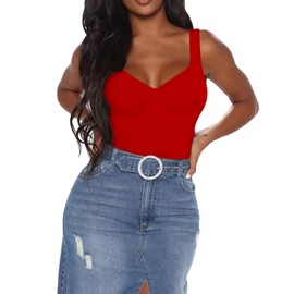 BelleLovin Women's Sweetheart Square V Neck sleeveless Tank Tops Bodysuits, Red, XX-Large