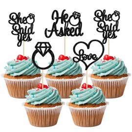 Gyufise 24 Pack Black Glitter He Asked She Said Yes Cupcake Toppers Glitter Heart Ring Cupcake Picks Decorations for Wedding Engagement Bridal Shower Party Supplies