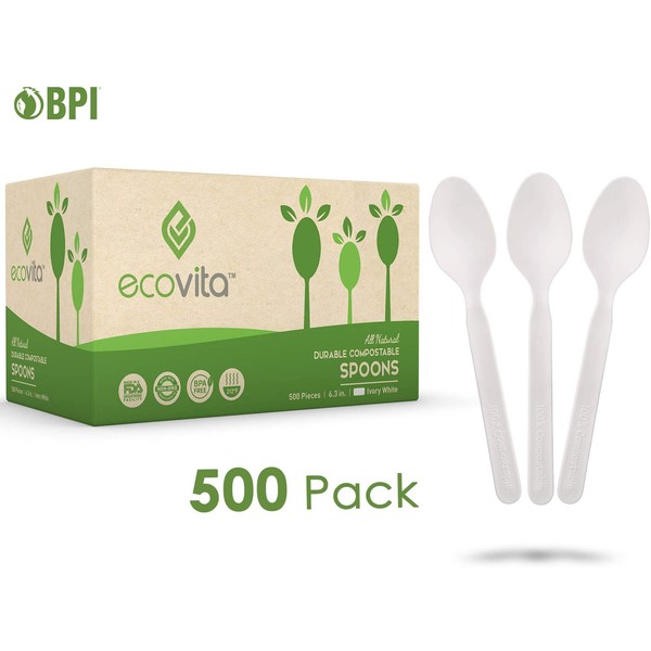 100% Compostable Spoons - 500 Large Disposable Utensils (6.5 in.) Bulk Size Eco Friendly Durable and Heat Resistant Alternative to Plastic Spoons with Convenient Tray by Ecovita