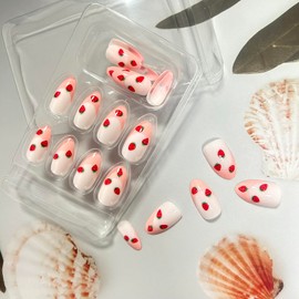 Almond False Nails Press on Nails Medium Pink French Fake Nails Artificial Acrylic Nails Strawberry Almond Stick on Nails Full Cover Glossy Reusable Coffin Nails Glue on Nails for Women