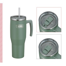 THERMOS REFRESHING SERIES Insulated Drinking Cup 1.1 L Matte Green Tumbler with Straw and Handle for Travel, Work or Home, Tasteless Double-Walled Stainless Steel
