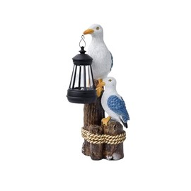 Solar Animal Statues with Lantern, Resin Seagull Seabird Figurine with Solar LED Light Mediterranean Style Sculptures for Porch Patio Balcony Yard Decor Outdoor Garden Decoration Ocean Bird Ornaments