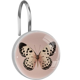 12 PCS Cute Pink and Butterfly Shower Curtain Hooks, Rustproof Crystal Glass Shower Curtain Rings Decorative Shower Hooks, Round Shower Rings Hangers, Home Bathroom Bedroom Decor