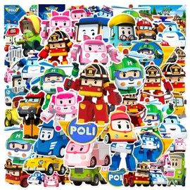 50Pcs Robocar Poli Stickers, Korean Children's Animation Decals for Laptops Water Bottles Cars Skateboard, Waterproof Vinyl Cute Amber Roy Helly Jin Sticker Packs for Teens Aldults Boys Girls
