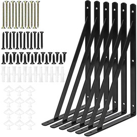Gabotrie 6 Pack Heavy Duty Shelf Brackets,12 x 8 inch Metal L Bracket, Wall Brackets with 90 Degree Triangle, Large Wall Mount Floating Shelf Bracket with Screws for Open Shelving, Black