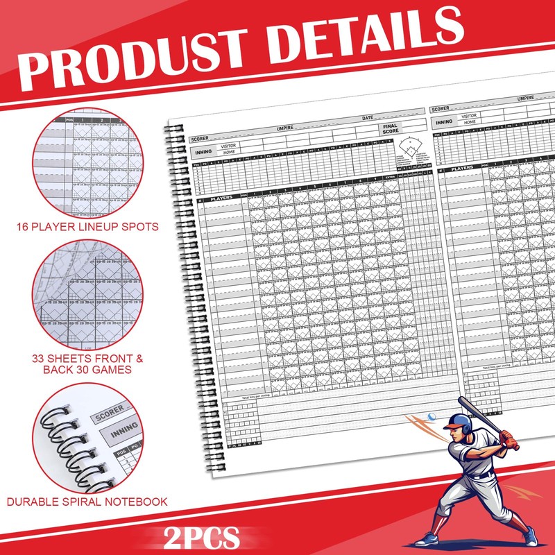 Chiisong 2 Pcs Side by Side Baseball Scorebook 11.5x16 30