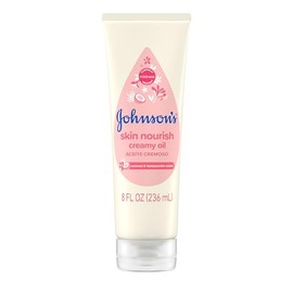 Johnson's Skin Nourish - Aceite cremoso para bebé para piel seca con aroma a coco y madreselva, rico y cremoso aceite corporal para bebés hidrata durante 24 horas y ayuda a prevenir la sequedad, hipoalergénico, 8 onzas líquidas
