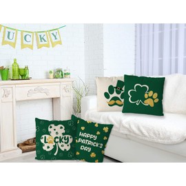 GAGEC St Patricks Day Pillow Covers 20x20 Inch Set of 4 Funny Dog Paws Throw Pillowcase Green Shamrock Home Sofa Pillowcase Happy St. Patrick's Day Farmhouse Decoration Cushion Cases