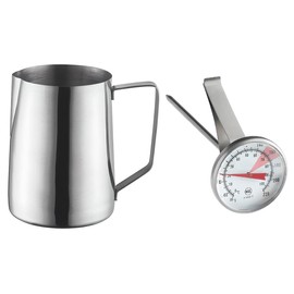 OCS Parts Pro Series Stainless Steel Frothing Pitcher with 8" Frothing Thermometer | 33 Ounce Cup | Commercial Grade Pitchers to Steam and Froth Milk or Cream for Lattes, Cappuccinos and Espressos