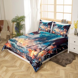 Robot Bedding Set Queen Size,Space Universe War Theme Duvet Cover Set 3Pcs,Red Lightsaber Comforter Cover for Kids Boys Girls Teens Room Decor,Modern Science Fiction Style Quilt Cover,2 Pillowcases