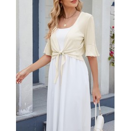 Famulily Womens Summer Tie Knot Bolero Shrug Plain Loose Thin Cropped Cardigans Casual Tie Up Wrap Tops Beige XL