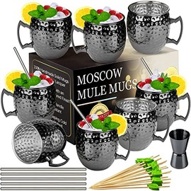 LINALL Moscow Mule Mugs- Set of 8 Gunmetal Black Plated 18oz Stainless Steel Mug Double Jigger Chilled Drink Cocktail Mug (Black 8pcs)