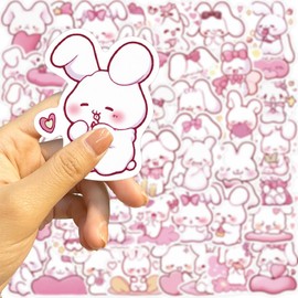 Cute Pink Rabbit Stickers, Kawaii Animal Bunny Stickers for Kids&Girls, 50Pcs Waterproof Vinyl Stickers for Water Bottles, Laptop, Scrapbook, Phone, Rabbit Aesthetic Stickers Bulk, Party (Pink Bunny)