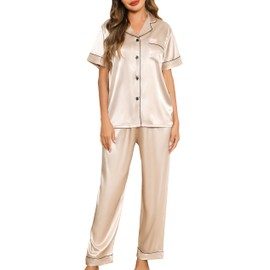 Lovasy Satin Pyjamas Women's Long Short Sleeve Pyjamas Set with Buttons V-Neck Pjs Sets Leisure Suit Women's Two Piece, champagne