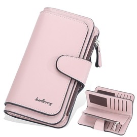 Cartera Mujer, Largo Billeteras de PU Piel con Cremallera,Carteras de Dama para Dinero en Efectivo y Monedas y Tarjetas,Tres Capas de Gran Capacidad Cartera (Rosa)