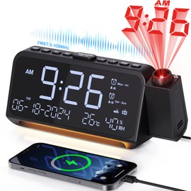 Alarm Clock Radio with Projector, FM Radio with Dual Alarm and Type C Charging Port, LED Alarm Clock with Temperature and Date Display, Digital Alarm Clock with Night Light and Snooze for Bedside