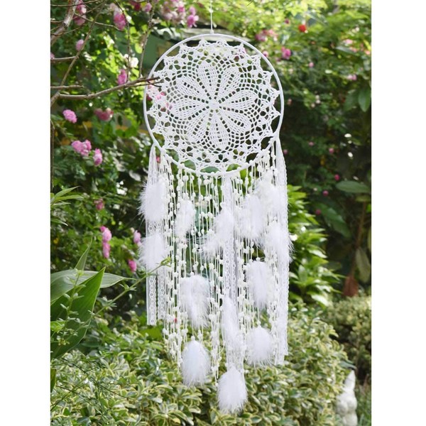 EasyBravo Large Boho Dream Catcher with White Feather Macrame Wall Hanging for Vintage Wedding Home Decorations 30cm Circle 80cm Long(white)