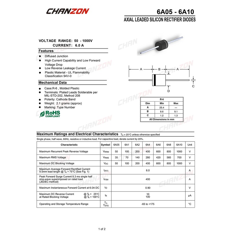 (Pack of 20) Chanzon 6A4 Rectifier Diode 6A 400V R-6