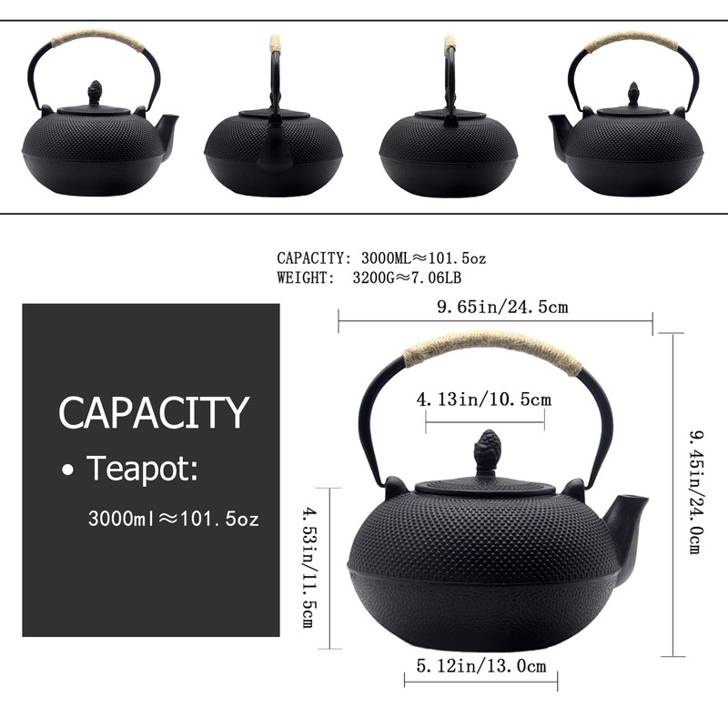 101oz/3000ml Extra Large and Heavy Cast Iron Teapot for 6