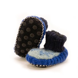 Tibetan Socks Hand Knit Wool Baby Slippers Lined in Fleece With Non Slip Soles For Boys and Girls Blue 18-24 Months